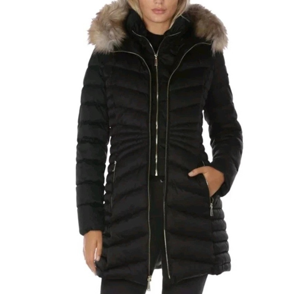 Laundry by Shelli Segal Puffer Jacket Faux Fur Trim Hood Black Coat Small